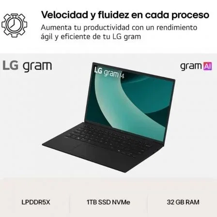 LG Portátil Gram 14ZD90T-G.AX88B Intel Core Ultra 7-255H 32GB RAM 1TB SSD 14" IPS WUXGA 1.12Kg Hasta 30h Negro Sin Sistema Operativo